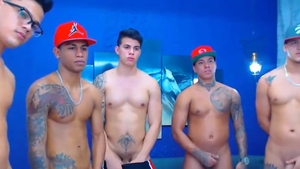 Five Tattooed allies stroking His shlong