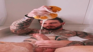 BWC Tatted Hunk Jerks Off In Tub